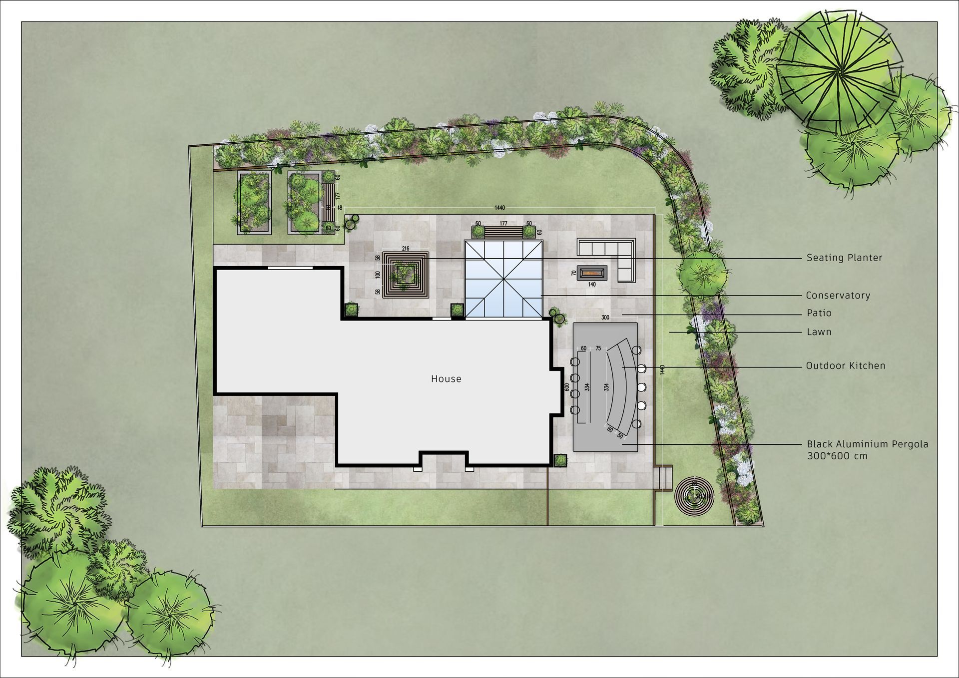 The original 2D plan our architect drew showed a 6m x 3m pergola and Indian sandstone patio slabs. Showing the garden in a 2D plan allowed the client to realise they would prefer a square pergola and grey porcelain patio tiles. They also decided they didn't want the bench by the kitchen, in front of the conservatory or the rear garden steps.