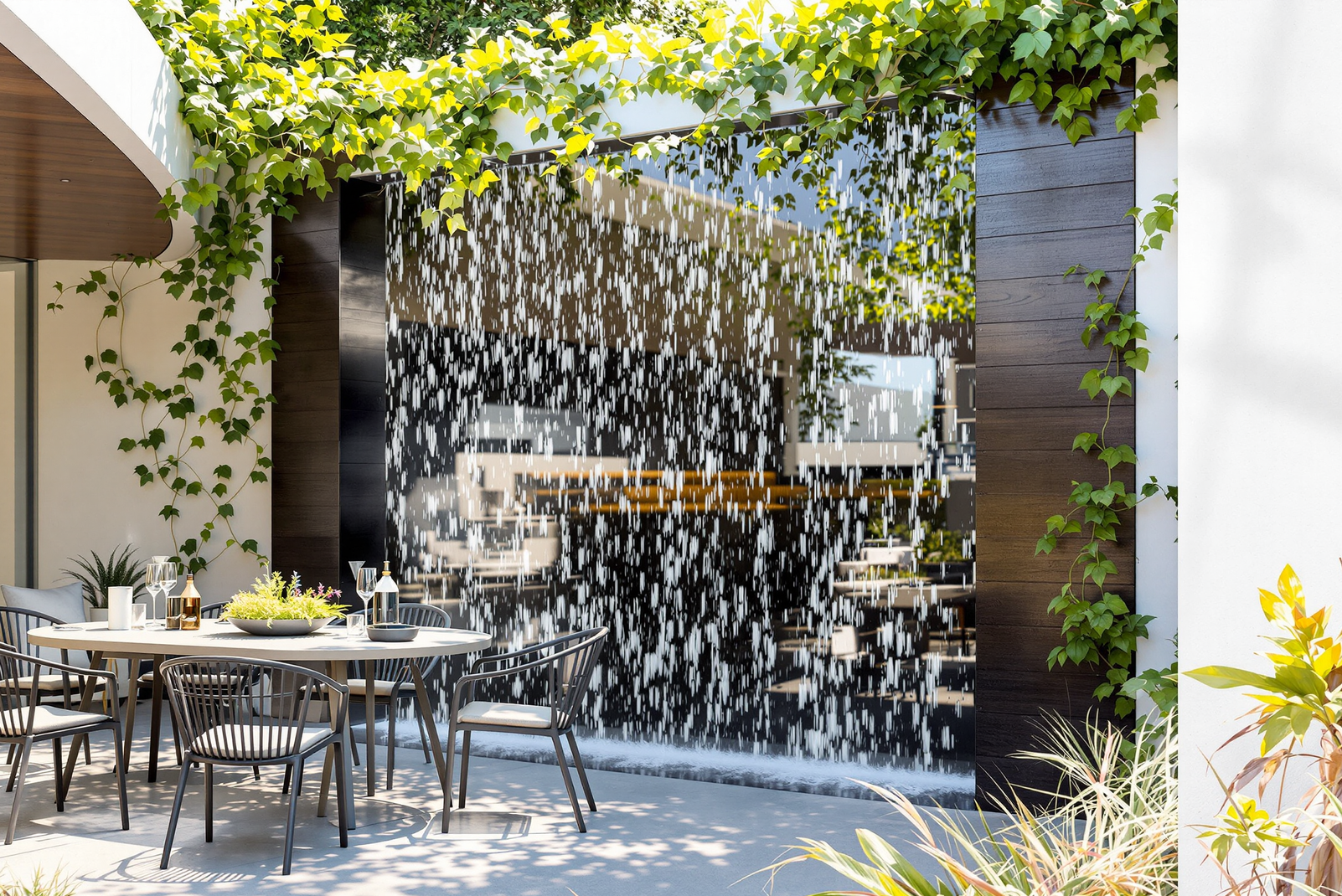 Host dinner by a waterfall and watch your guests melt into the moment. Insight: Vertical water features create privacy and help mask background noise.