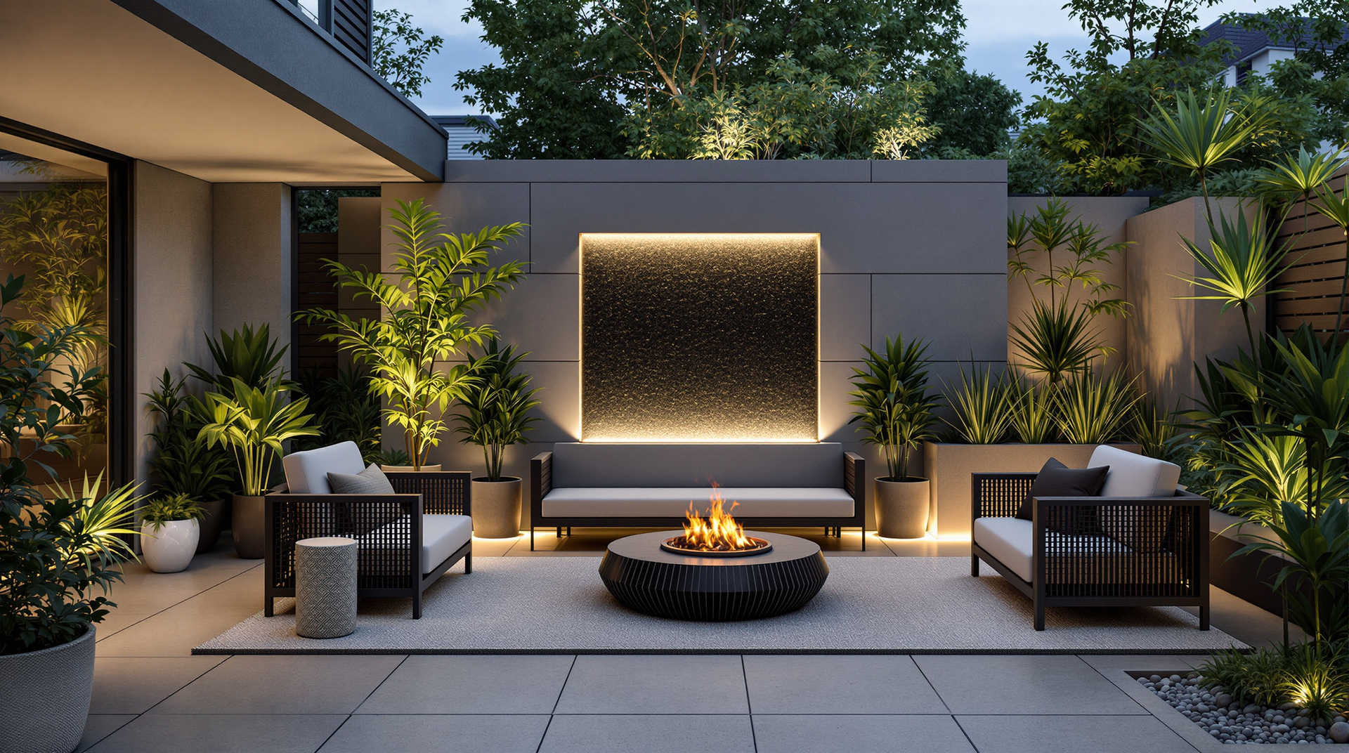 A luxury garden building with floor-to-ceiling glass panels, a spacious terrace, and modern furnishings, offering an elegant outdoor living experience.