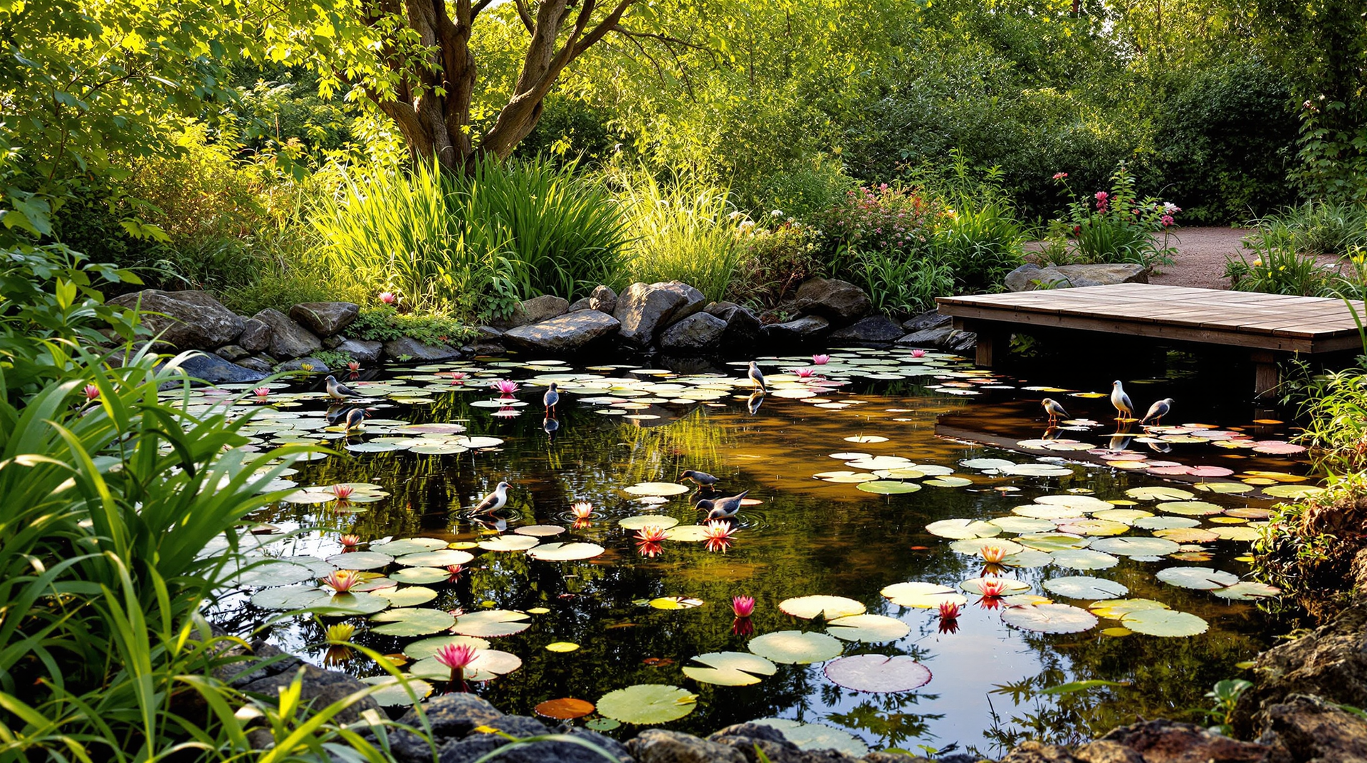 This pond hums with life – lily pads, insects, birds and amphibians all thrive here. Insight: Native planting around ponds boosts biodiversity and keeps maintenance low.