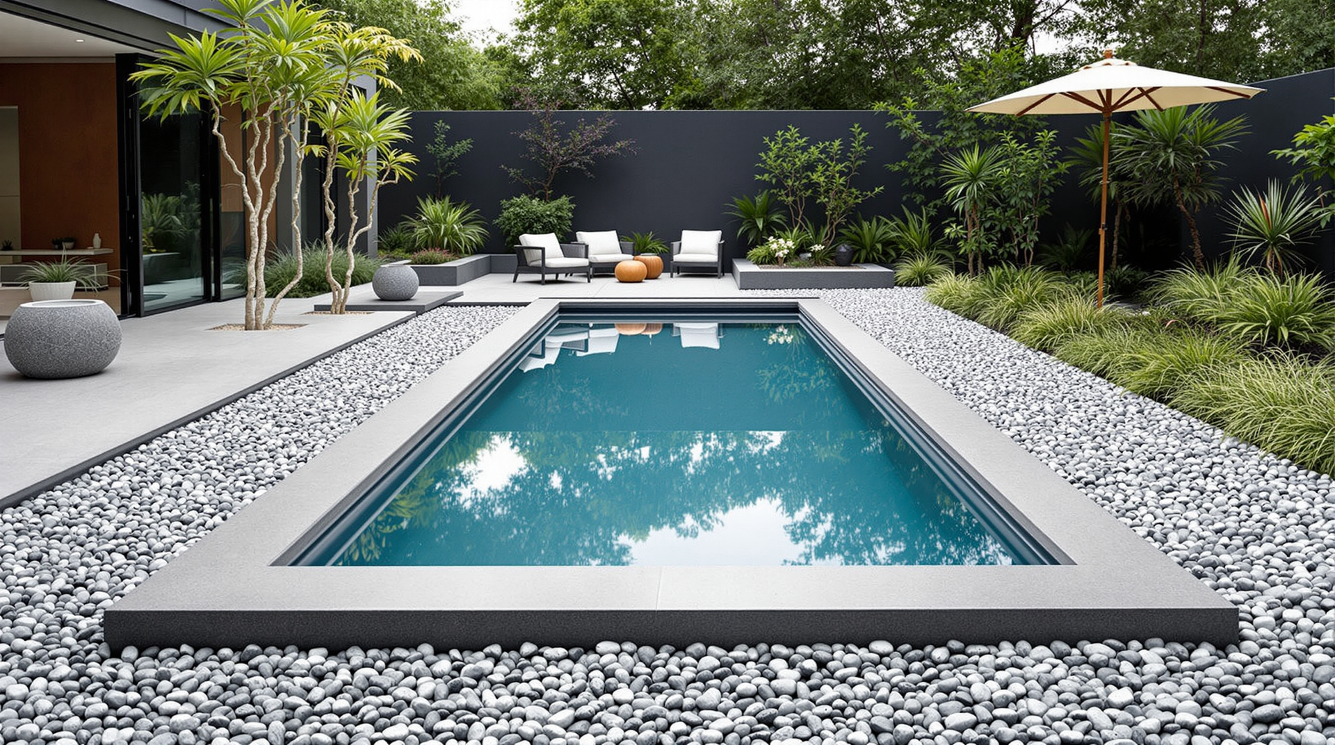This sleek, modern reflection pool is more than a design statement – it’s a sanctuary in stone. Every clean line and calm surface invites a moment of stillness.