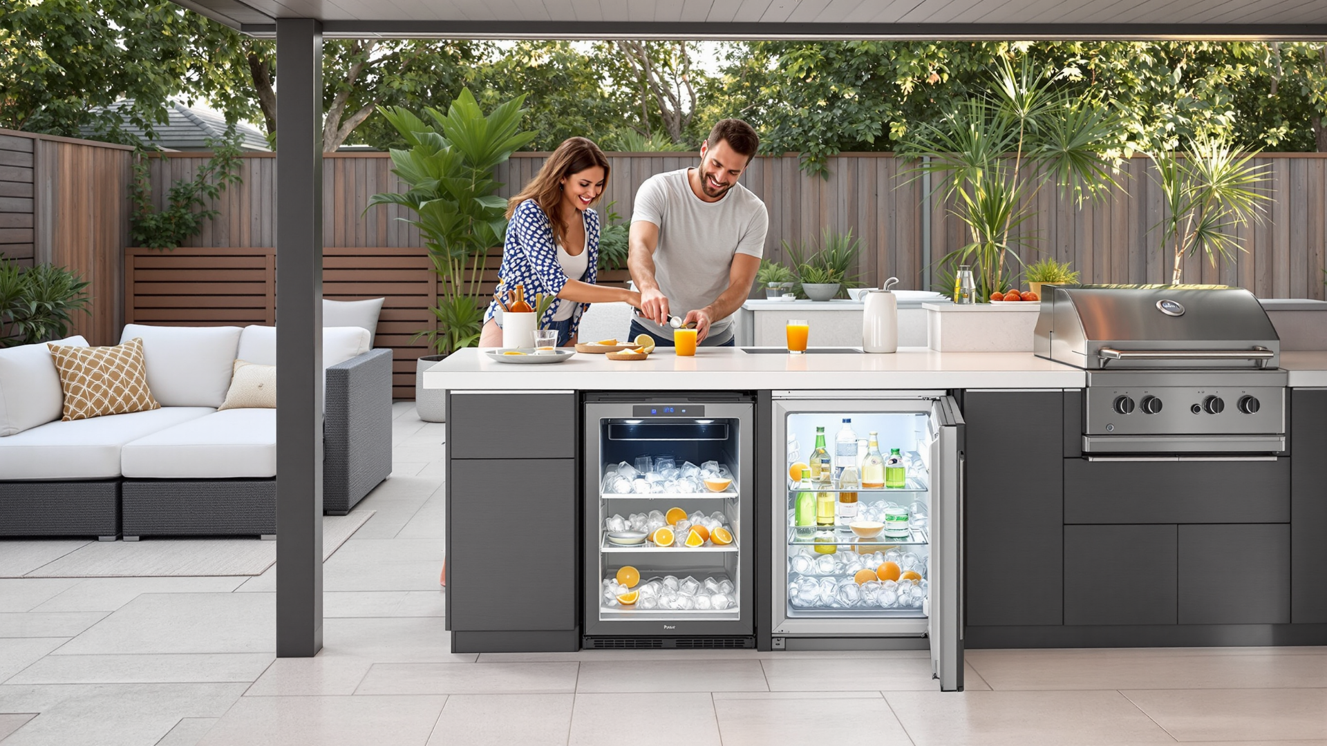 Modern outdoor kitchen with built-in fridges, cabinets, and a barbecue grill.