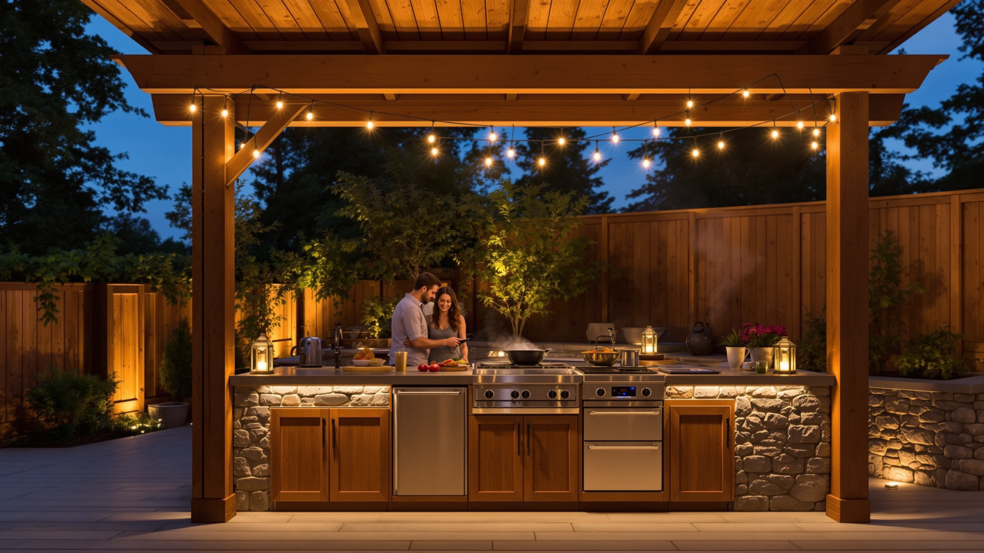 Outdoor kitchen with warm mood lighting under a wooden pergola at night.