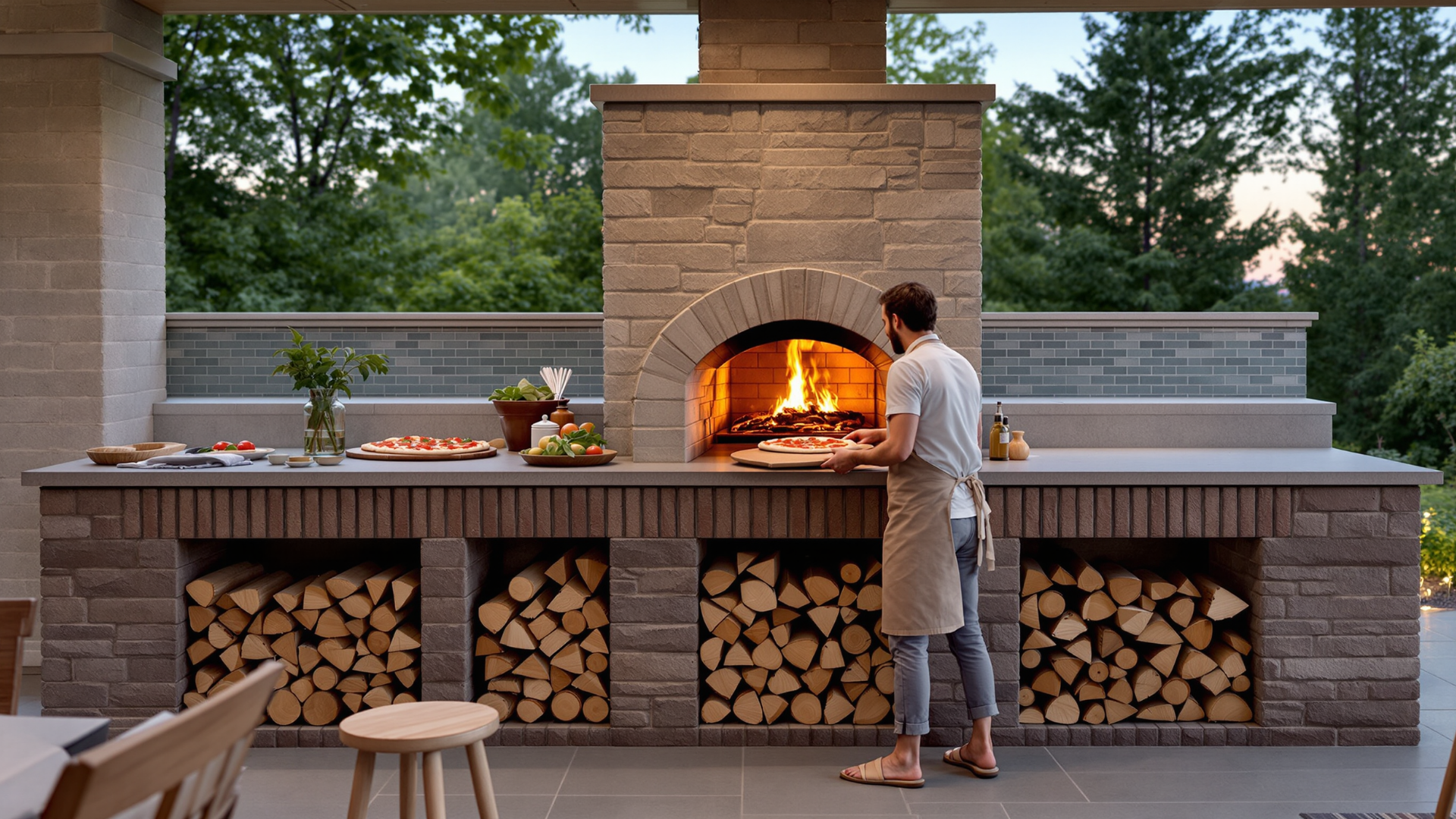 Outdoor kitchen with a wood-fired pizza oven and log storage beneath.