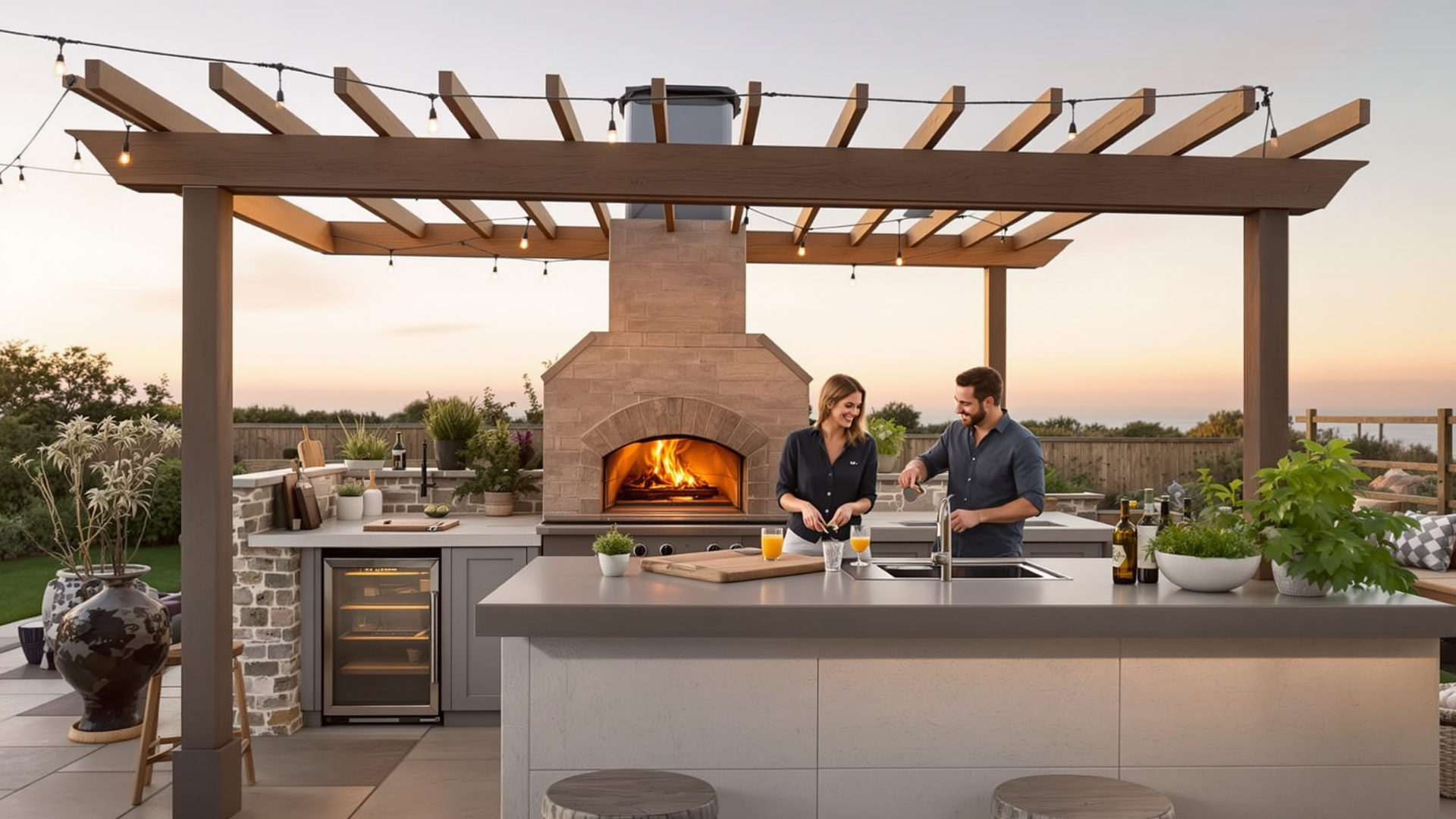 Greenway luxury outdoor kitchen with built-in BBQ, pizza oven, modular cabinets, drinks fridge.