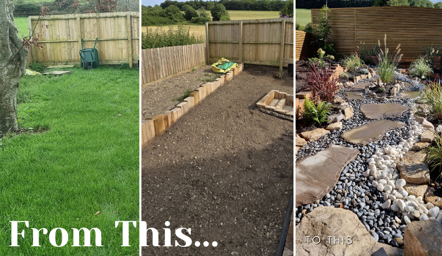 Greenway's recent project - before, during, and after shots. We transformed a standard new build garden into a stunning hardscape with seamless aquascaping transitions.