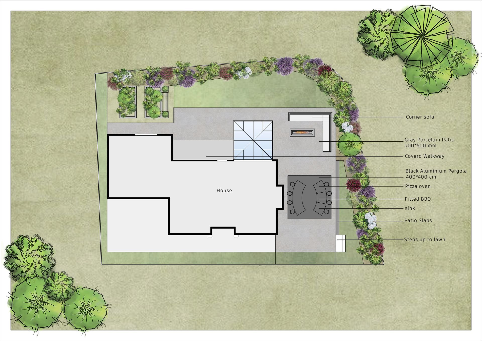 This is the 2D plan showing the changes the client requested. As you can see, the patio had to be extended to accommodate the wider pergola. This small change made a big difference as everything shifted, cutting part of the lawn off from the original. 