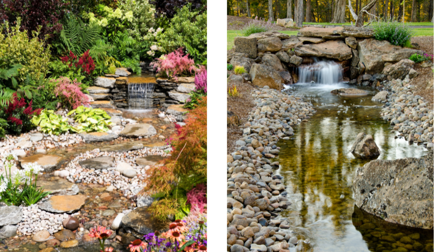 These two aquascapes showcase the artful use of varying sizes of rocks, stones, and pebbles to perfectly mimic the natural flow and textures of a pristine landscape, creating a harmonious and lifelike garden oasis.