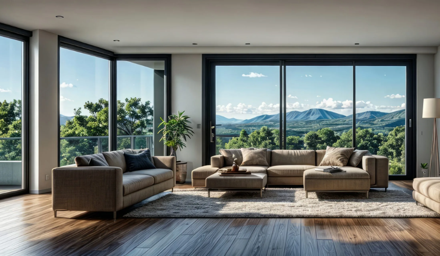 Modern living room with full-height energy-efficient windows overlooking a stunning mountain view.
