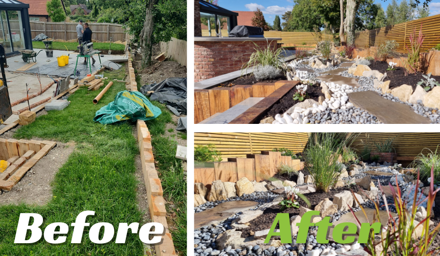 The once awkward strip of grass left after the patio expansion has been transformed into a stunning aquascape with a pondless waterfall. Now featuring stepping stones, rockery, and ornamental grasses, this area has become a key focal point in the garden, turning a problem space into a serene, beautifully designed feature.