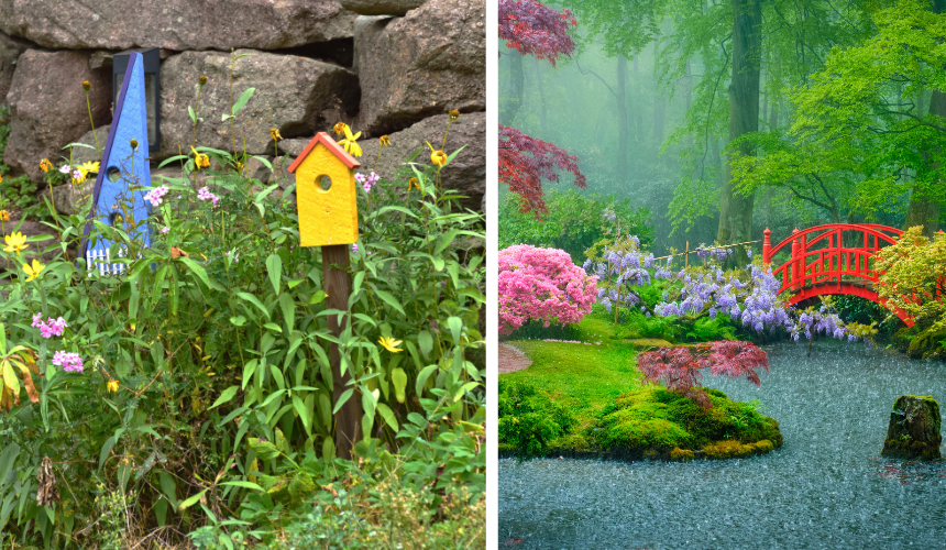 Mixing textures like soft grass, rugged rocks, and vibrant wooden bridges adds variety and excitement to your garden. Water features and textured plants make the space dynamic and inviting. 
