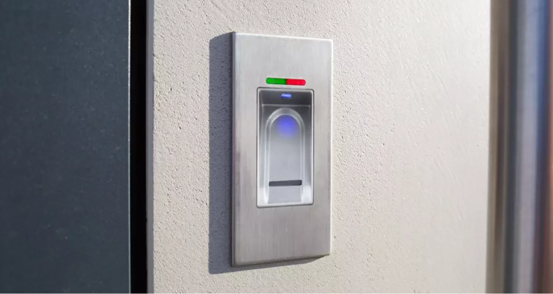 A sleek fingerprint door entry system with LED indicators, ensuring secure and keyless access to a modern home.