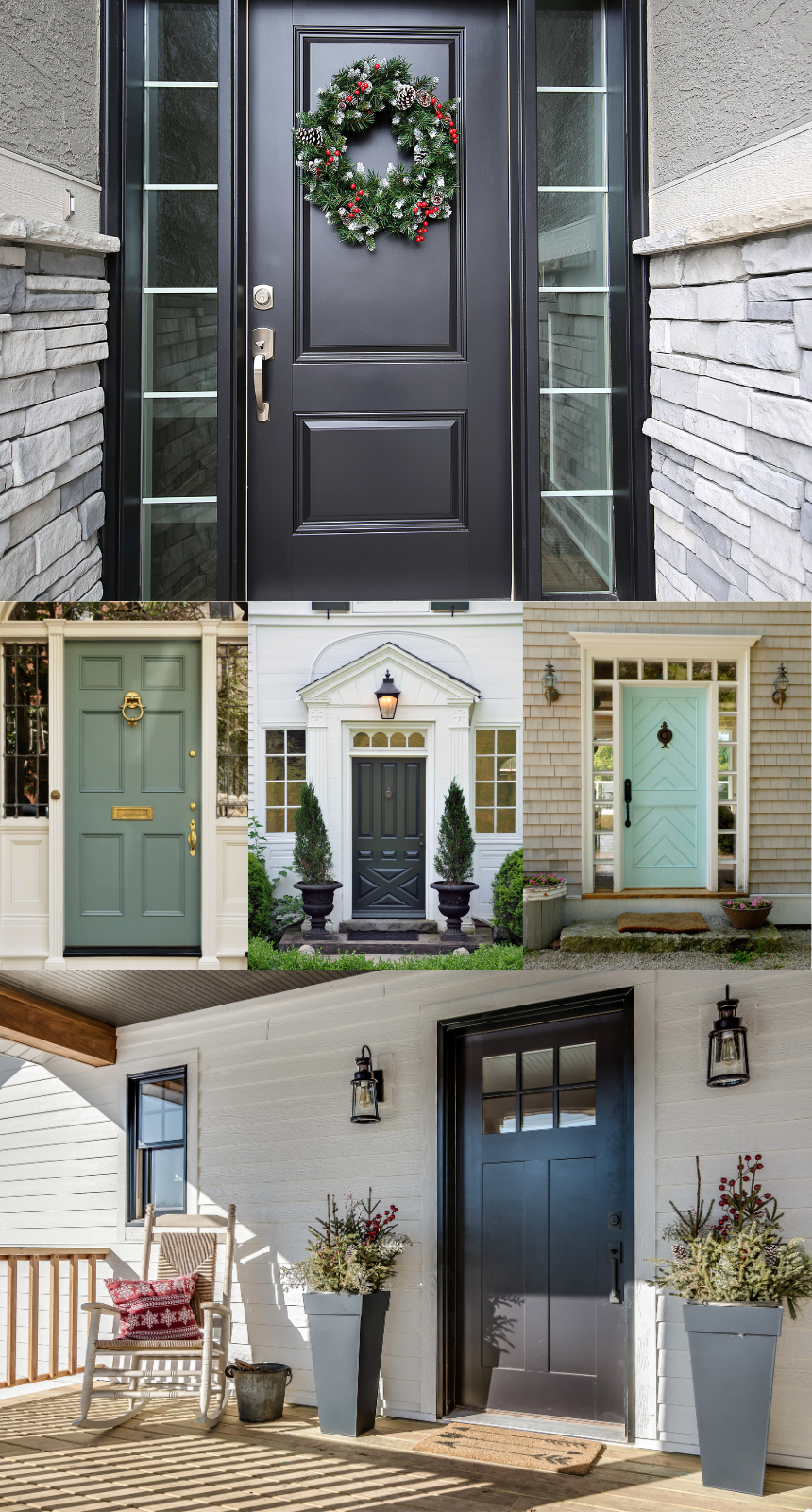 Multiple well-presented front doors, each adorned with elegant features like potted plants, stylish lighting, decorative door knockers, and chic doormats.