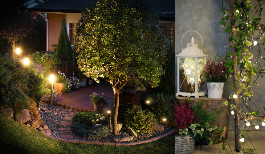 Garden pathway lighting and fairy or string lights help add focal points and ambience.