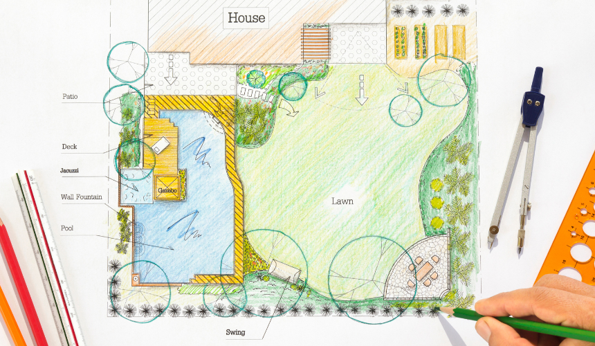 A 2D plan can showcase a strategic garden zoning layout, featuring distinct areas for dining, lounging, cooking and play.