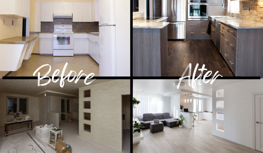 Remarkable transformations: Before and after home makeovers showcasing a stunning kitchen and a revitalised lounge.