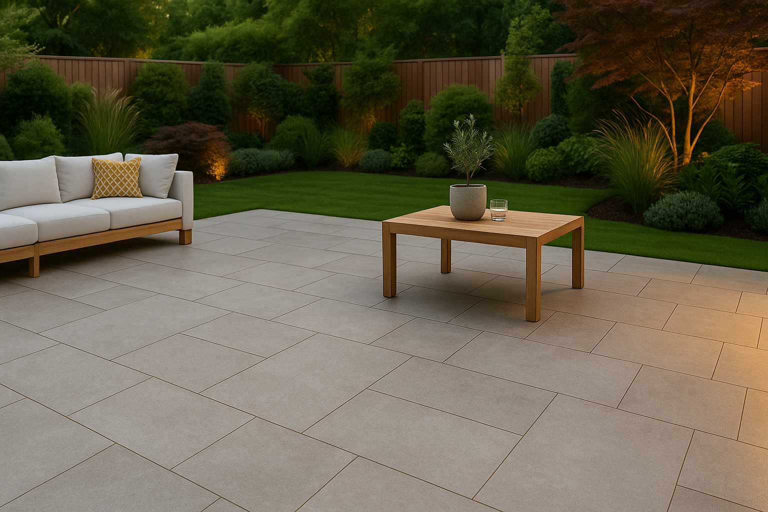 Luxury UK garden with porcelain patio, modern outdoor seating, and refined landscaping.