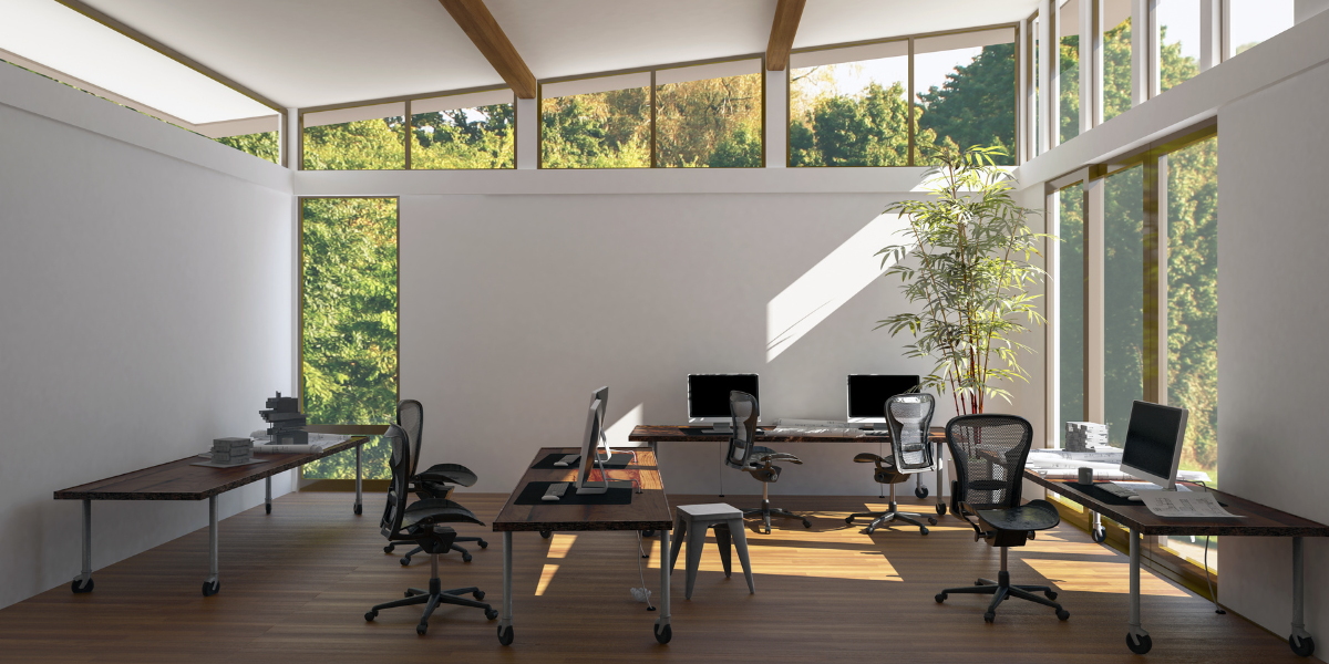 A modern garden office with expansive windows, natural light, and sleek furnishings designed for productivity and style.