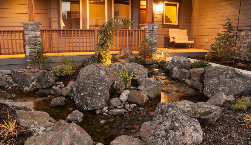 A stunning water garden with large boulders and cascading waterfalls creates the illusion of a home nestled by a serene, natural brook, seamlessly blending the property with its tranquil surroundings.