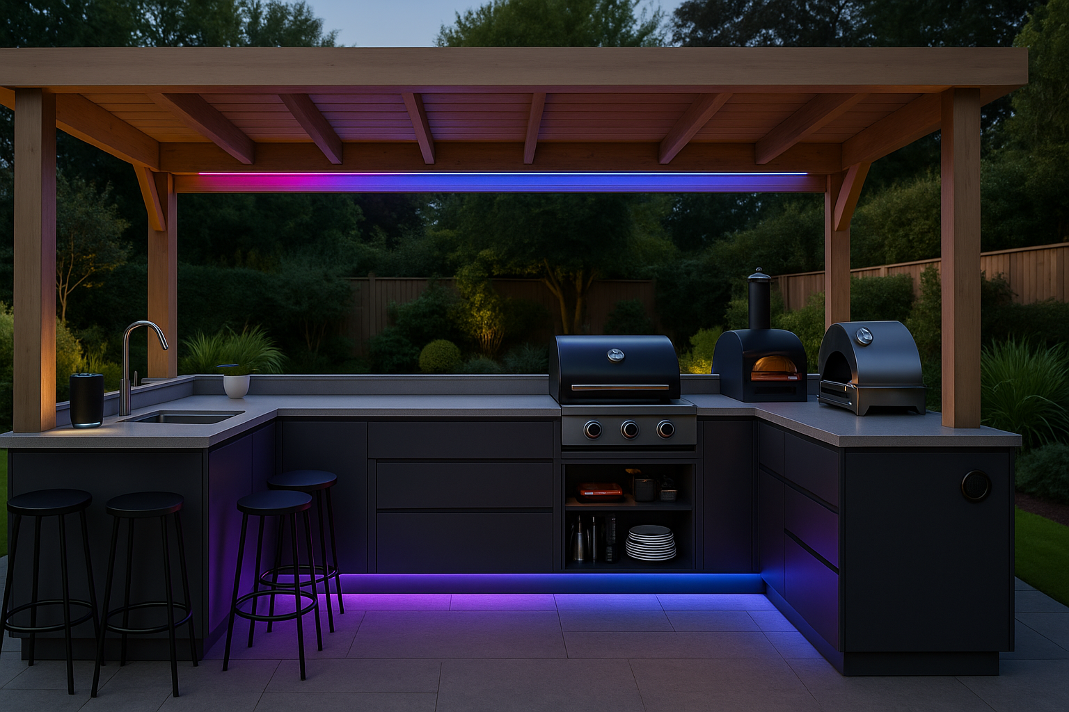 Modern outdoor kitchen with BBQ, pizza ovens, and modular cabinets under a wooden pergola, enhanced with LED strip lighting and bar seating.