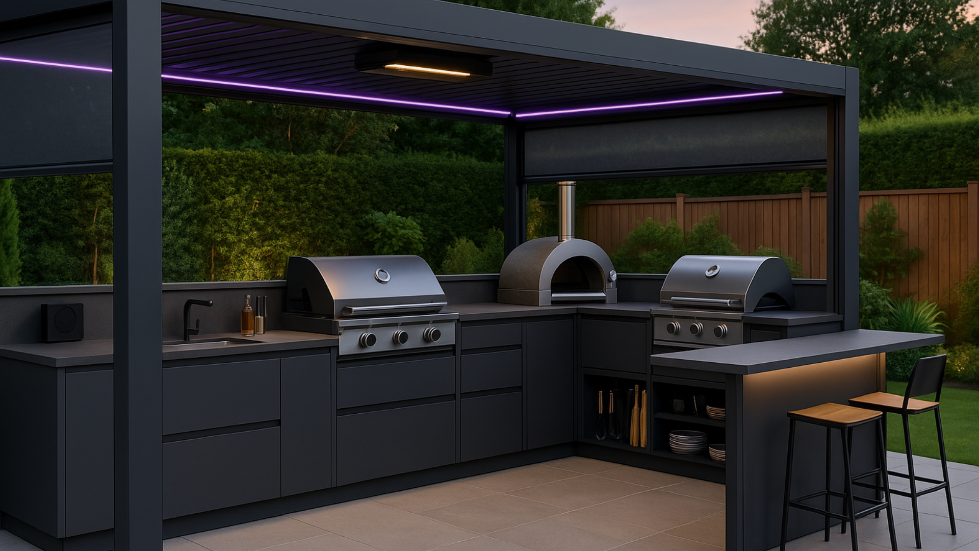 Luxury outdoor kitchen with BBQ, pizza oven, and modular cabinets beneath a sleek aluminium pergola with built-in LED lighting and bar seating.