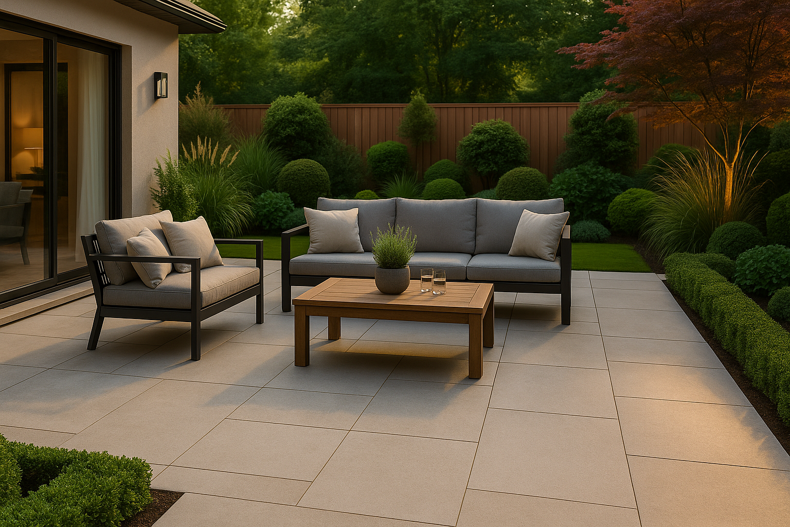 Contemporary porcelain patio with large-format tiles in a landscaped UK garden.