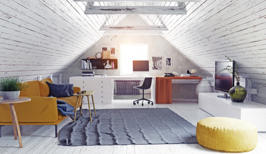 Versatile and chic: A stunning loft conversion that seamlessly combines a cosy bedroom with a practical office space.