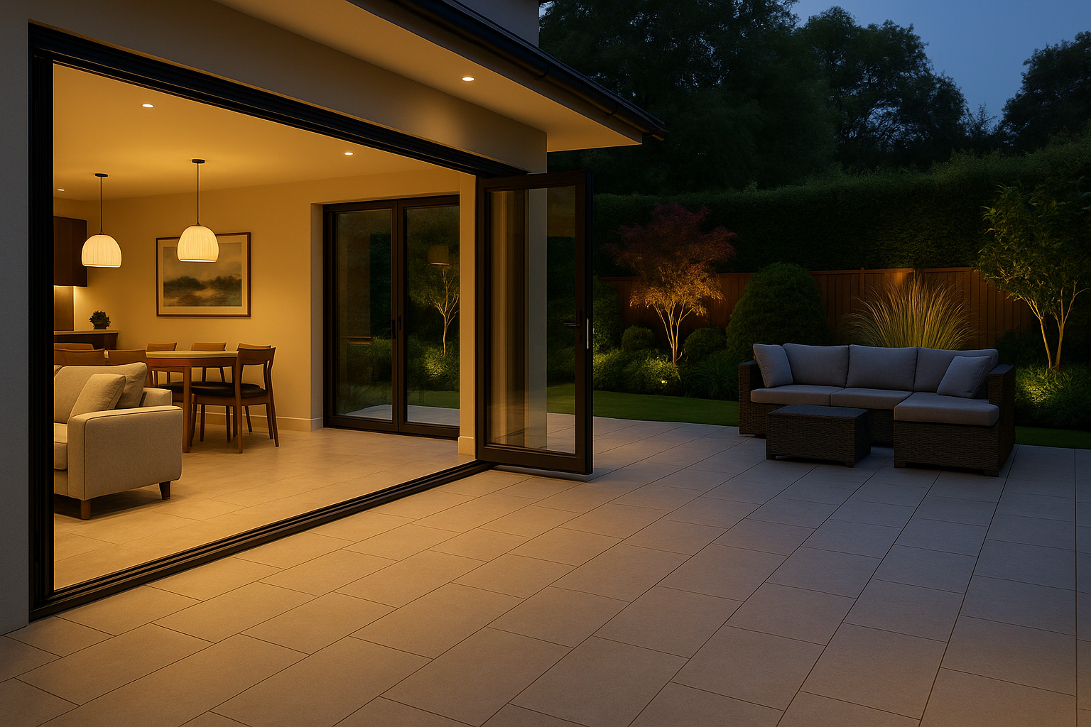 Seamless transition from indoor living space to porcelain patio with bi-fold doors, creating a unified indoor-outdoor design in a luxury UK garden.