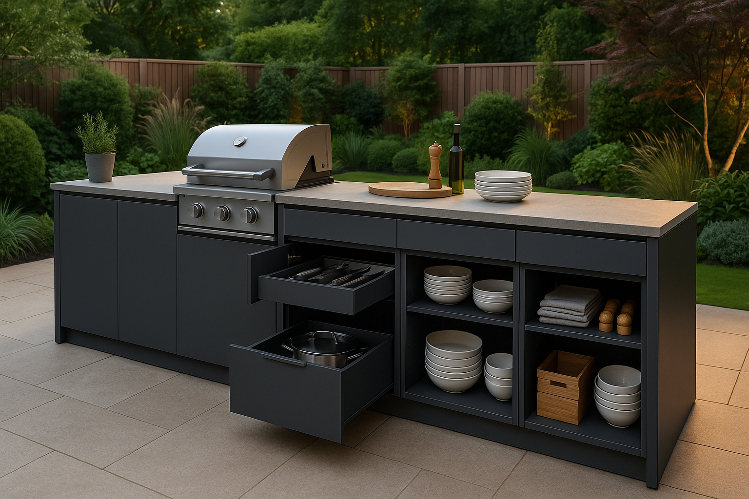 Modern outdoor kitchen with modular weatherproof cabinets, drawers, and open shelving neatly storing crockery, utensils, and cookware beside a built-in BBQ.
