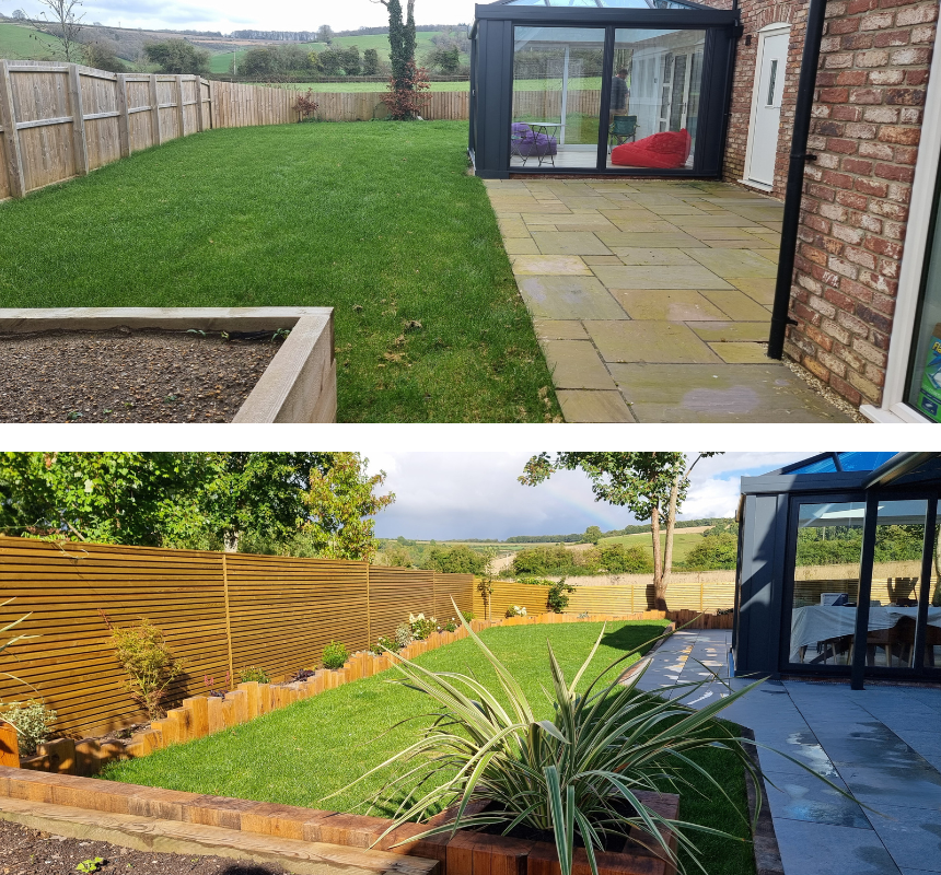 The comparison image showcases the dramatic improvement in the garden after replacing the standard wooden fencing with horizontal Larchwood Venetian-style fencing. 