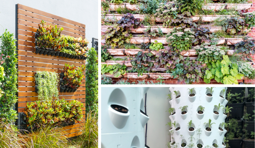 Innovative Vertical Gardening: Transforming brick, wood, and hydroponic towers into lush, green walls. This space-saving technique enhances urban gardening, maximises planting areas, and brings nature closer to home.