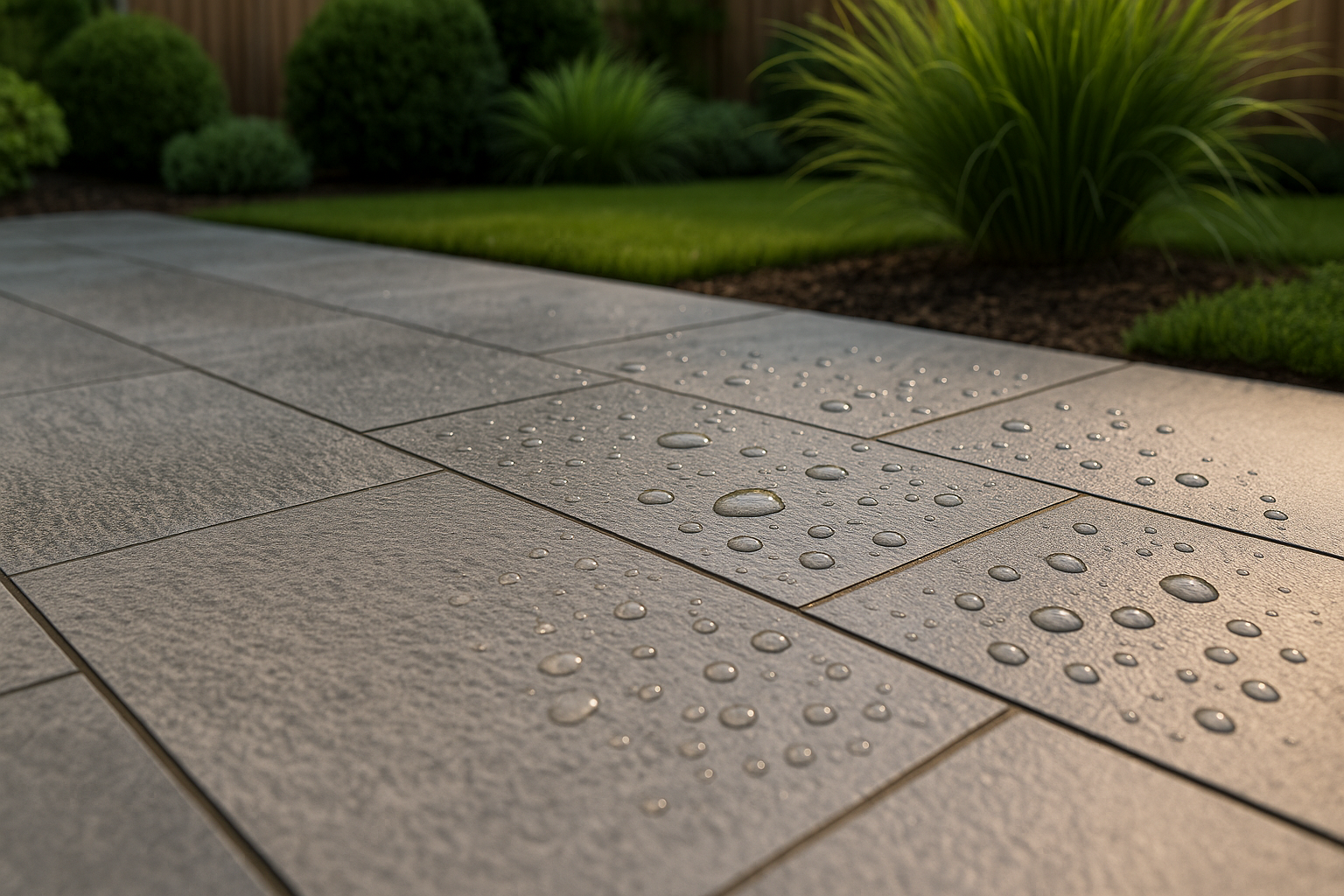 Close-up of textured porcelain patio tiles with water droplets in a landscaped UK garden.