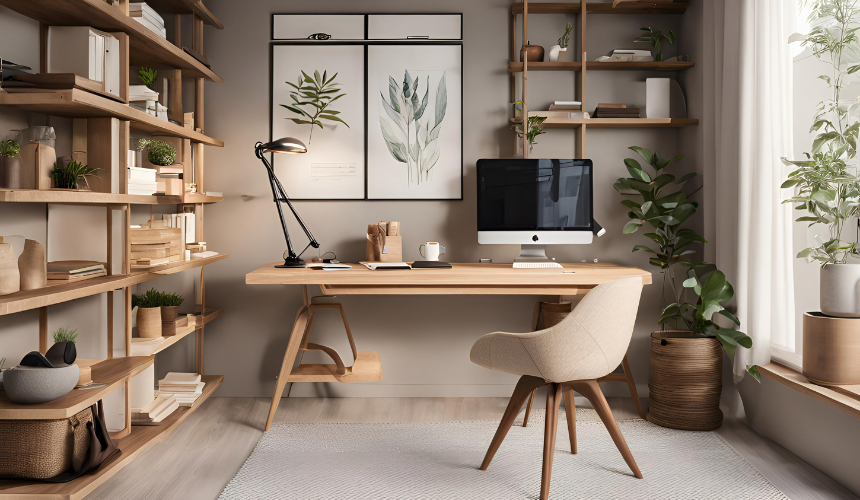 Productivity and peace: A beautifully designed neutral home office that inspires focus and creativity.