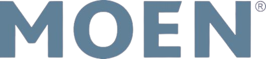 A blue moen logo on a white background