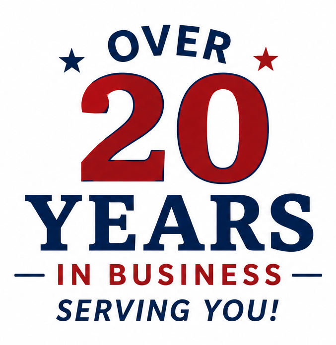 Blue and red “Over 20 Years in Business” logo with stars and “Serving You!” Blue and red “Over 20 Years in Business” logo with stars and “Serving You!”