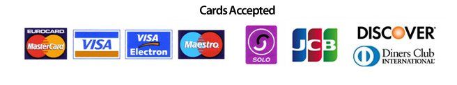 A row of credit cards including visa mastercard and discover