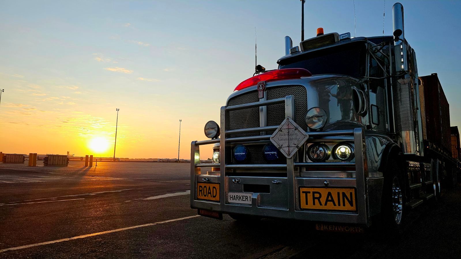 Truck at sunrise, metal exterior, 