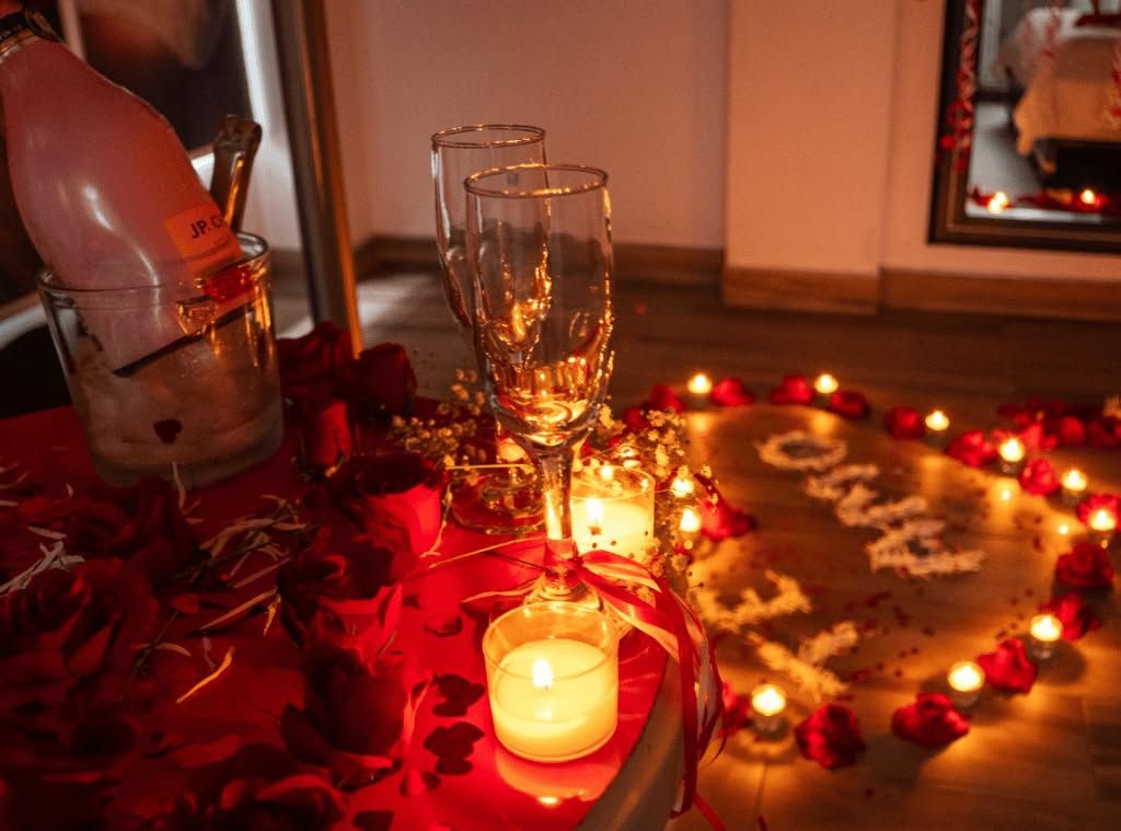 Ambiente romántico: champán servido en copas, velas, corazón de pétalos de rosa y escritura en el suelo.