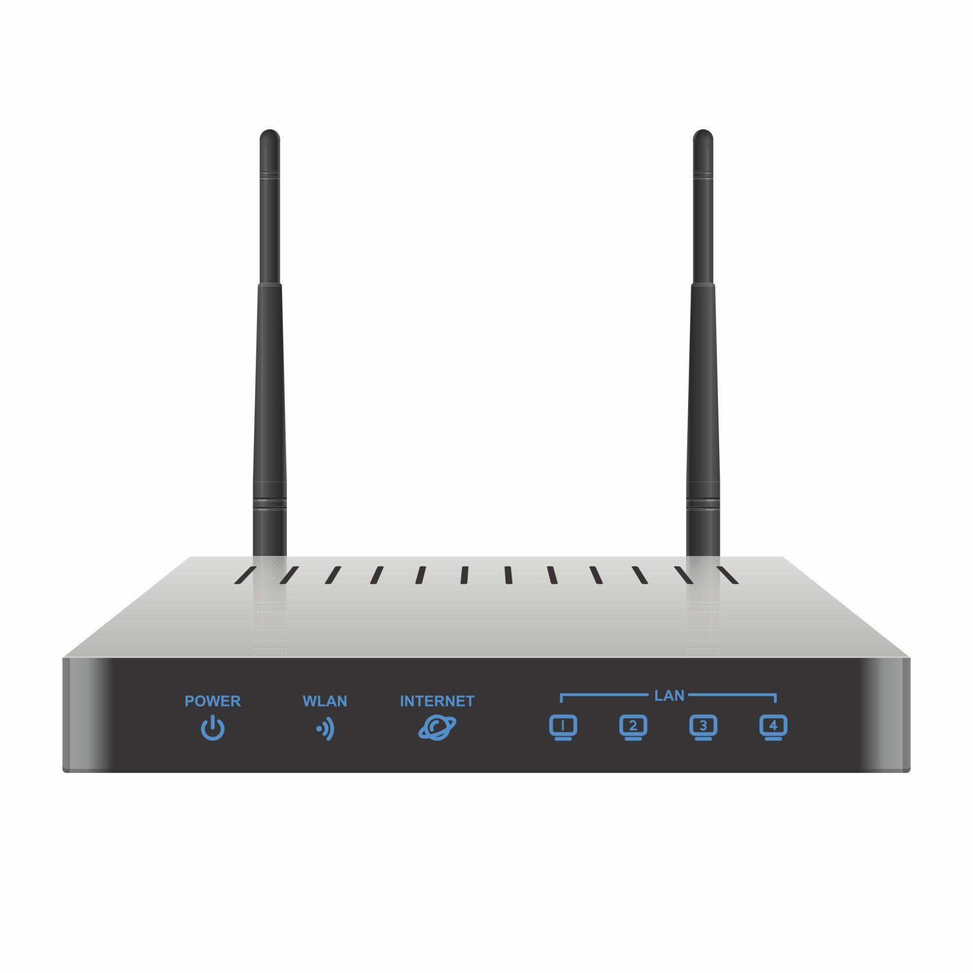 A wireless router with two antennas on a white background.