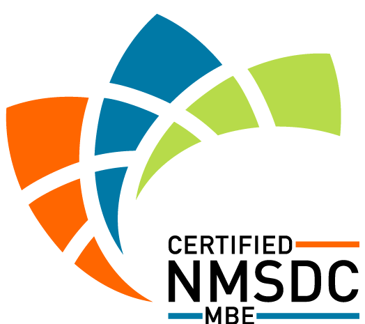 Certified NMSDC MBE logo with orange, blue, and green abstract shape.