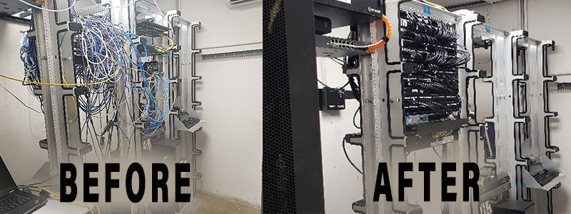 Before and after of server room wiring; before is a tangle of wires, after is neat and organized.