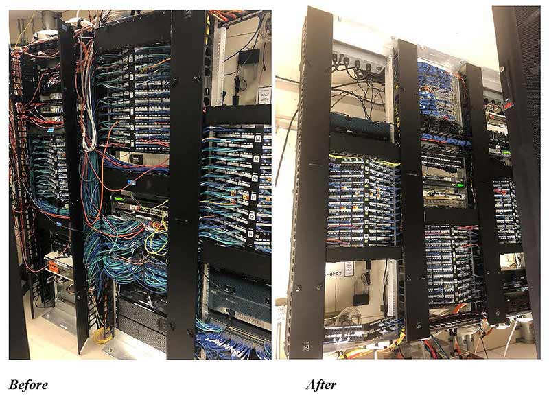 Before and after photos of a server rack, showing a chaotic mess of cables before being organized.