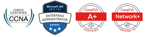 Four certification badges: Cisco CCNA, Mission MSA Enterprise Administrator, CompTIA A+, and CompTIA Network+.