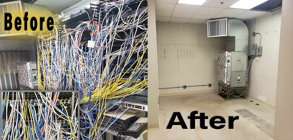 Before and after of a room. Before: messy cables. After: room with HVAC unit.
