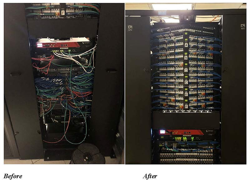 Before and after images of a server rack. Left side: messy cables. Right side: organized cables.