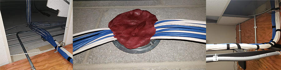 Three views of blue and white insulated cables with a red insulation, installed around a home.