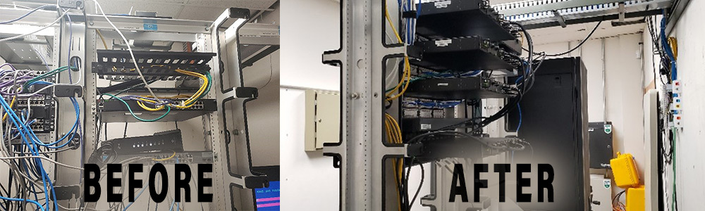 Before and after of a network server room. Messy cables versus organized cables.