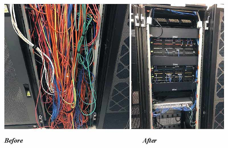 Before and after images of a server rack. Left: tangled wires. Right: organized rack with neatly routed cables.