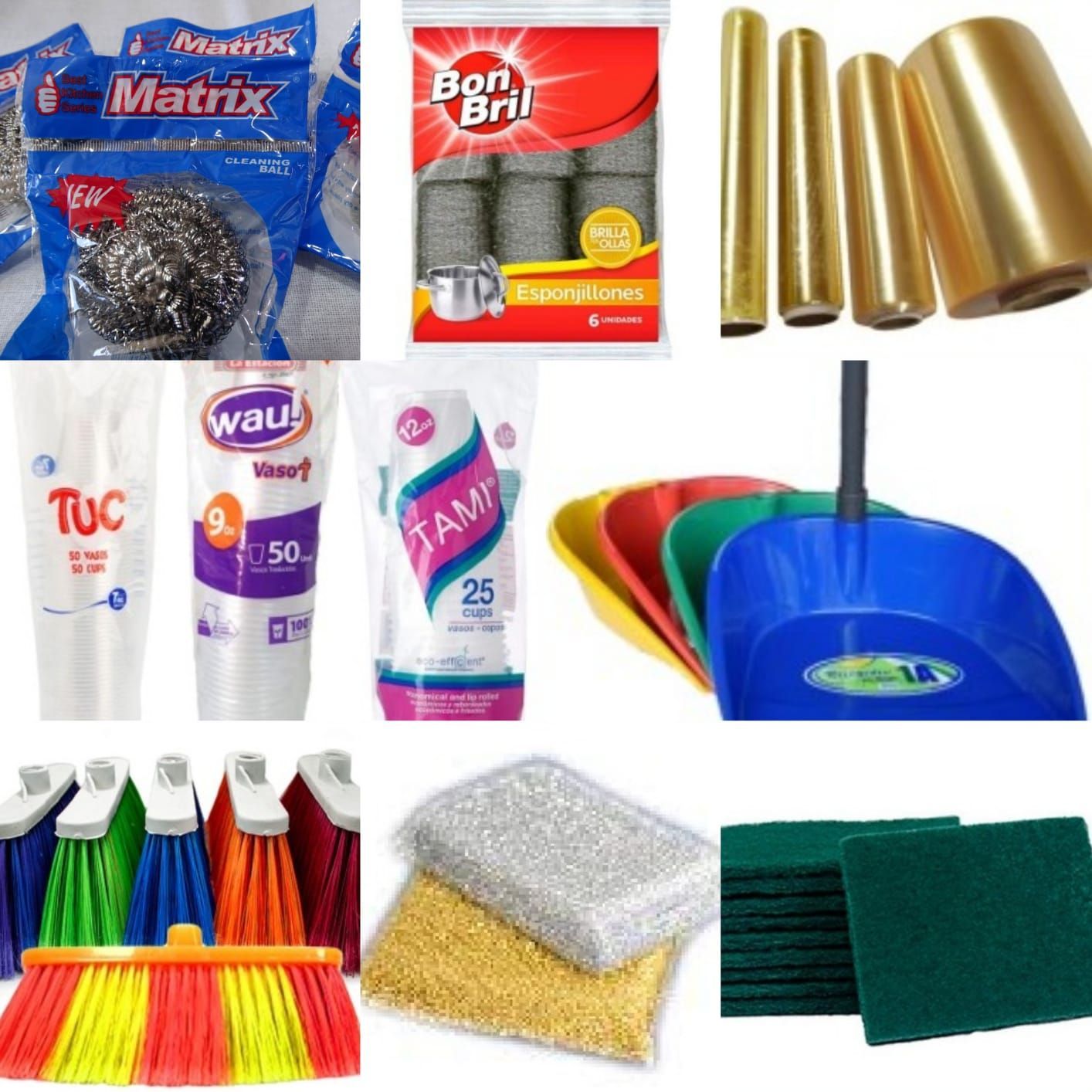 Un collage de productos de limpieza que incluye una bolsa de Bon Bril.