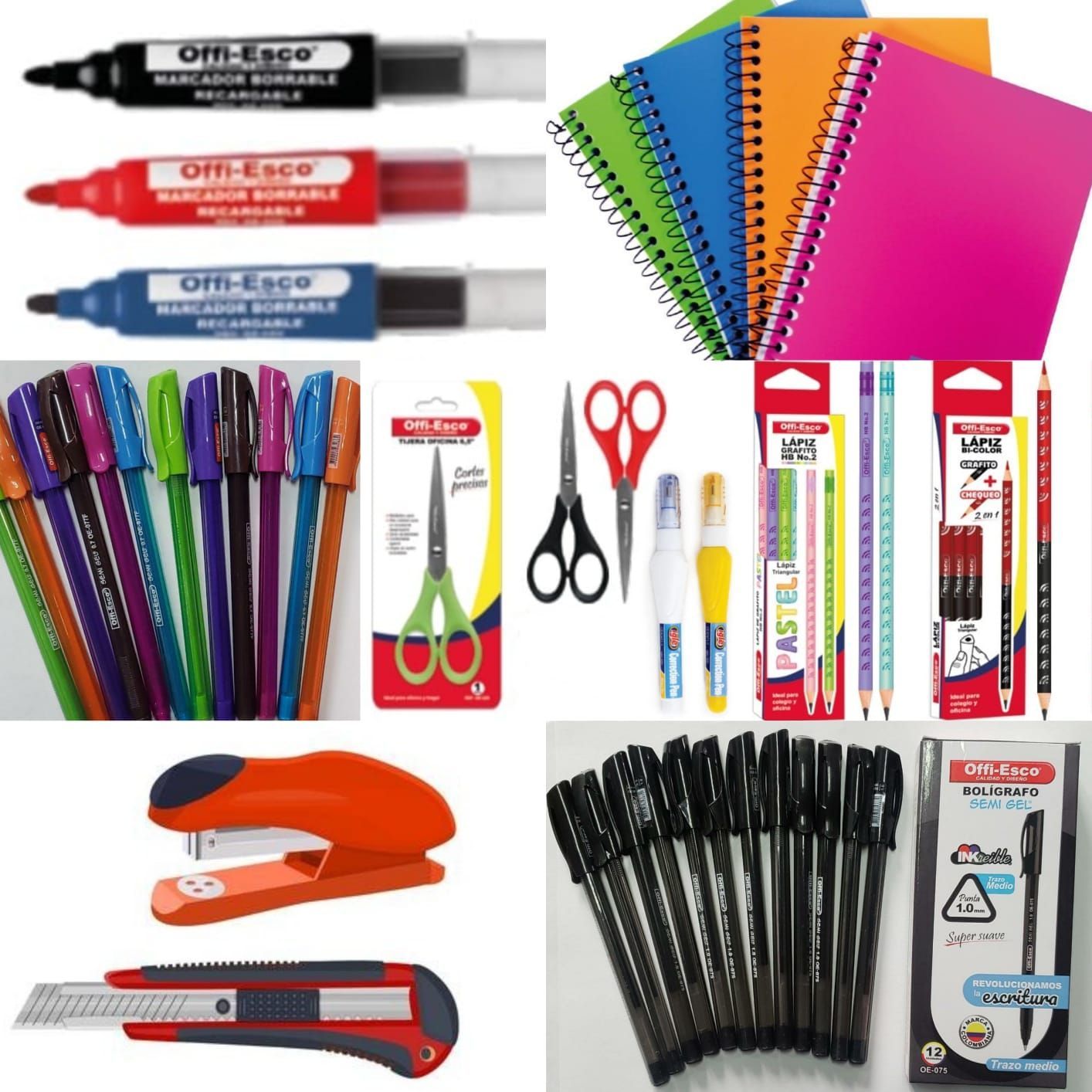 Una variedad de suministros de oficina que incluyen una grapadora y tijeras.